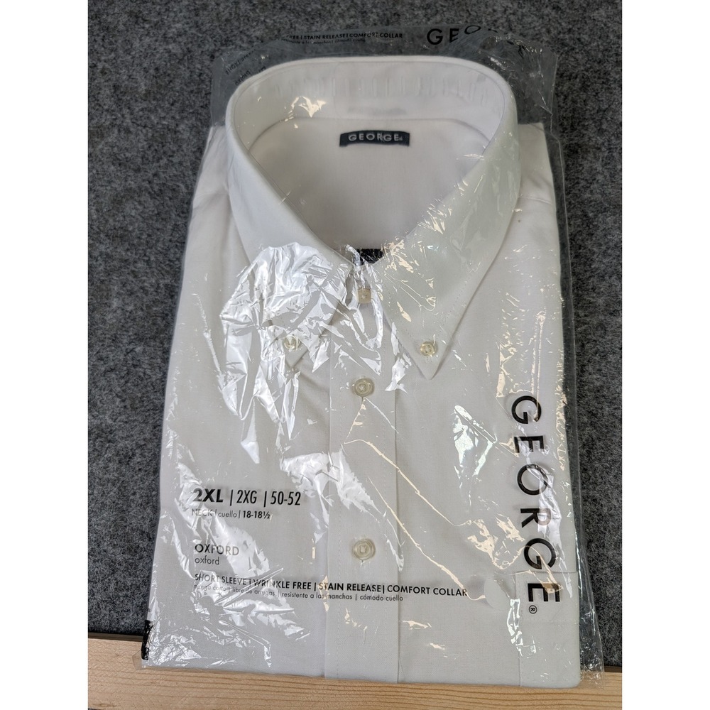 George Mens Oxford Dress Shirt White Short Sleeve Wrinkle Free 2XL 18-18.5 Neck